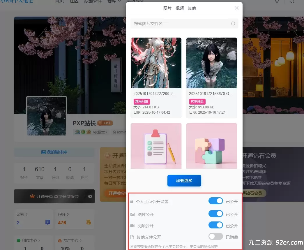 子比主题用户媒体管理插件 – 优化升级版-九二分享